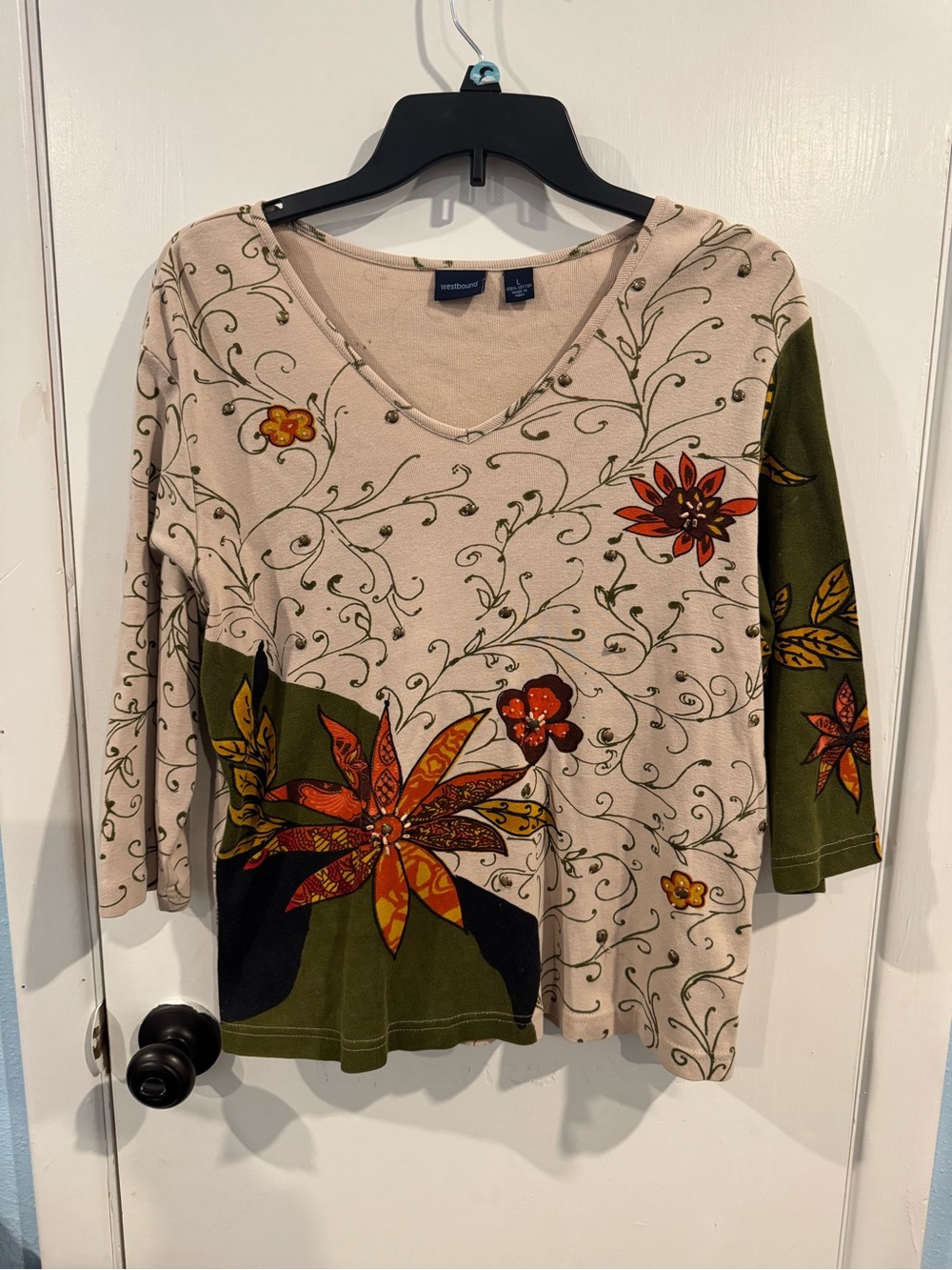 Westbound women size LARGE 100% cotton beaded floral V-neck blouse spring